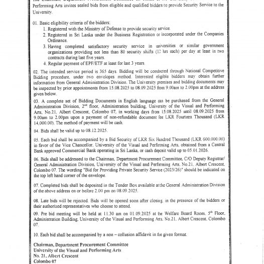 Invitation for Bids – Providing Private Security Service (2025/2026) – University of Visual and Performing Arts.