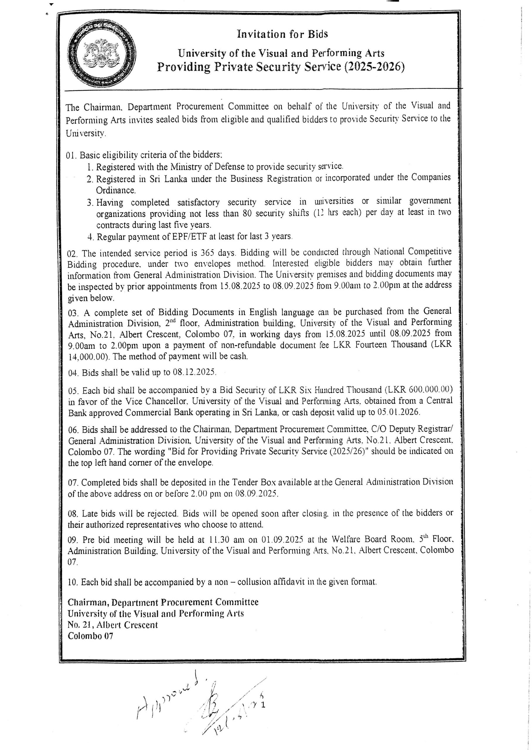 Invitation for Bids – Providing Private Security Service (2025/2026) – University of Visual and Performing Arts. Invitation for Bids – Providing Private Security Service (2025/2026) – University of Visual and Performing Arts.